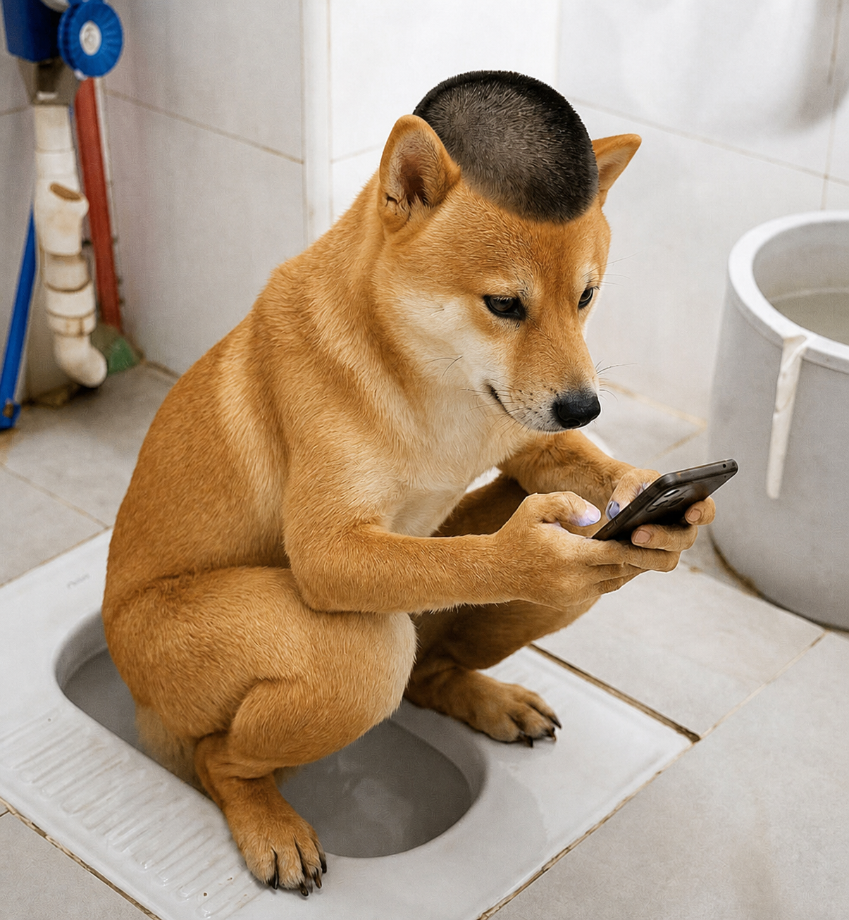Shibaloo, a Shiba Inu with a buzz cut using a phone